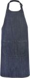 Delší modrá džínová zástěra s laclem a 2 kulatými kapsami