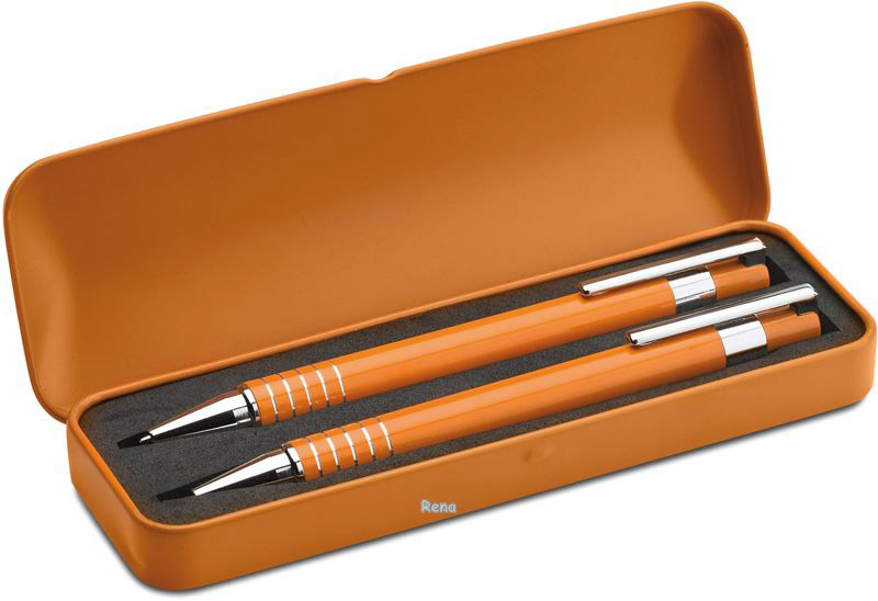 Oranžová sada pera a mikrotužky v kovovém boxu