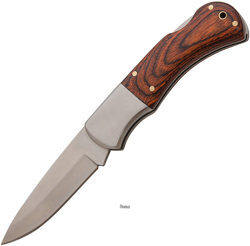 Širší lovecký nůž s dřevěnou střenkou a pojistkou